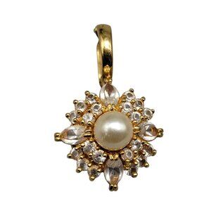Large Rhinestone Faux Pearl Flower Pendant Gold Plated Hinged Latch